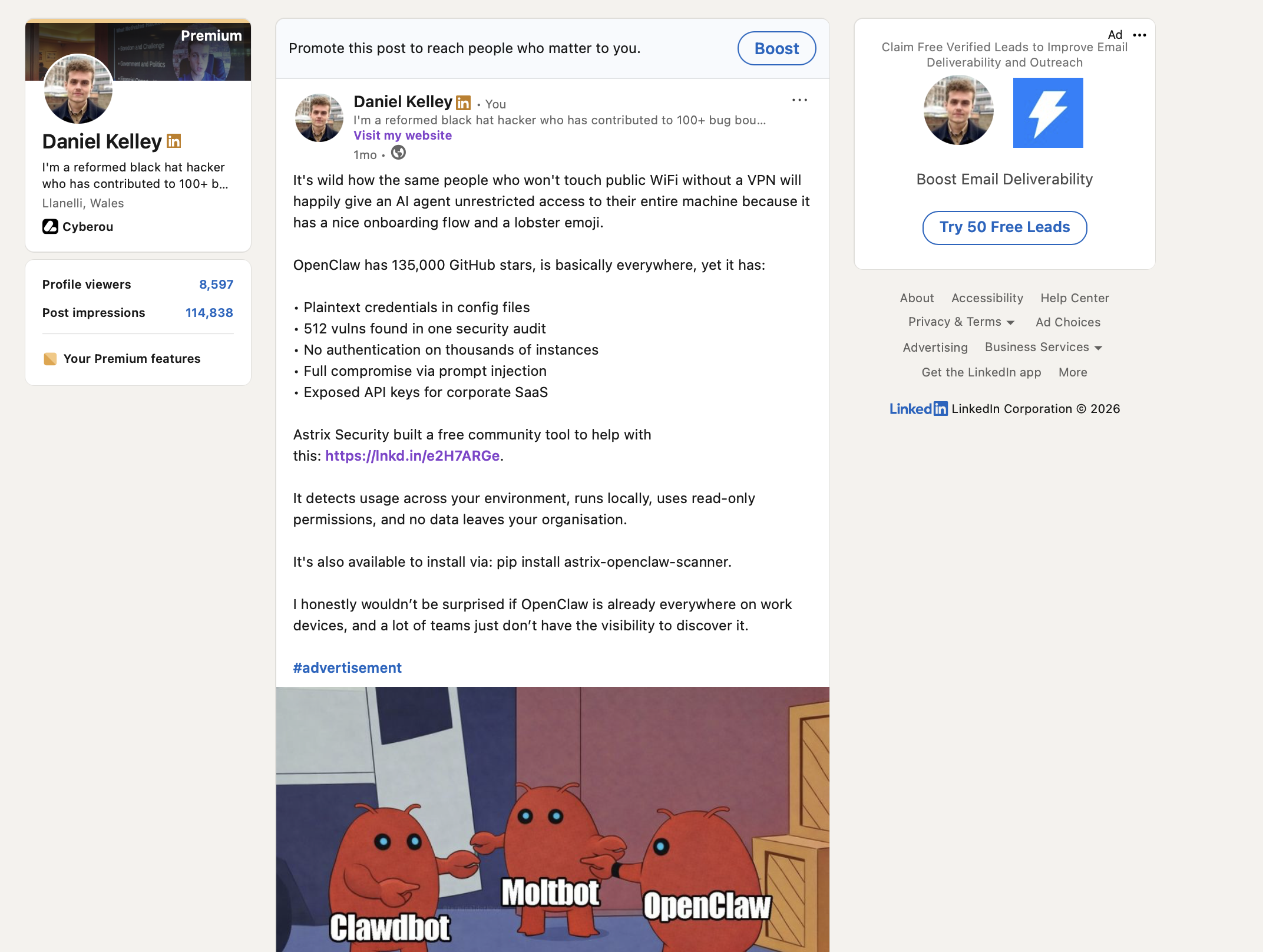 Astrix Security sponsored LinkedIn post on OpenClaw AI-agent identity risk