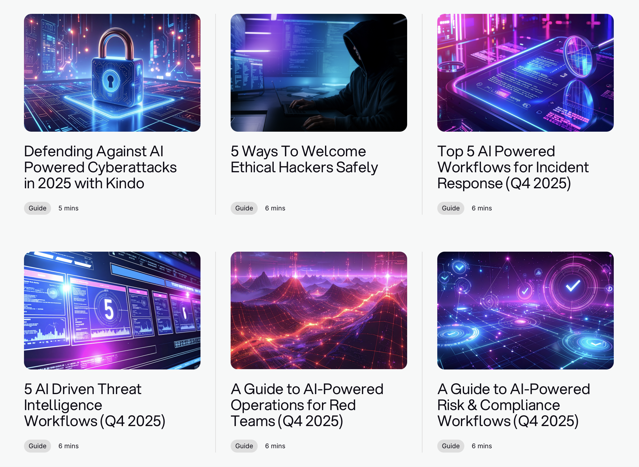 Kindo guide library showing AI-powered workflow walkthroughs for IR, threat intel, red team, and risk disciplines