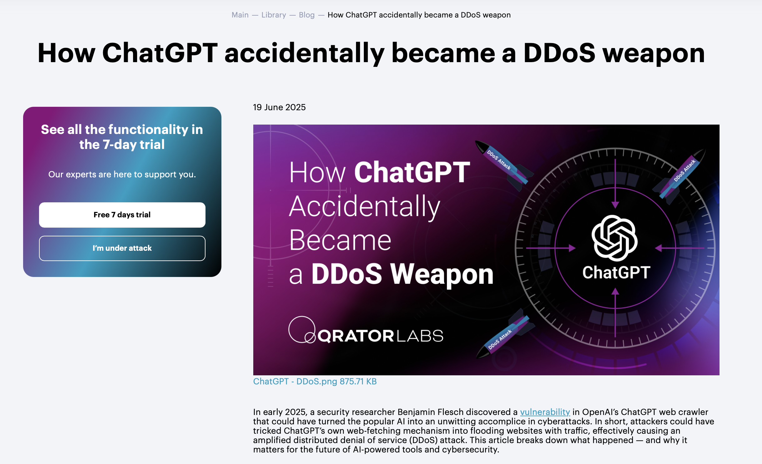 How ChatGPT Accidentally Became a DDoS Weapon, published on the Qrator Labs Blog