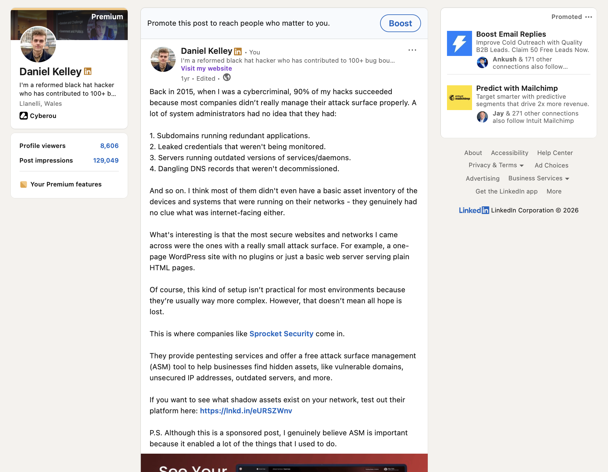 Sprocket Security sponsored LinkedIn post anchored to an ex-cybercriminal perspective on unmanaged attack surface