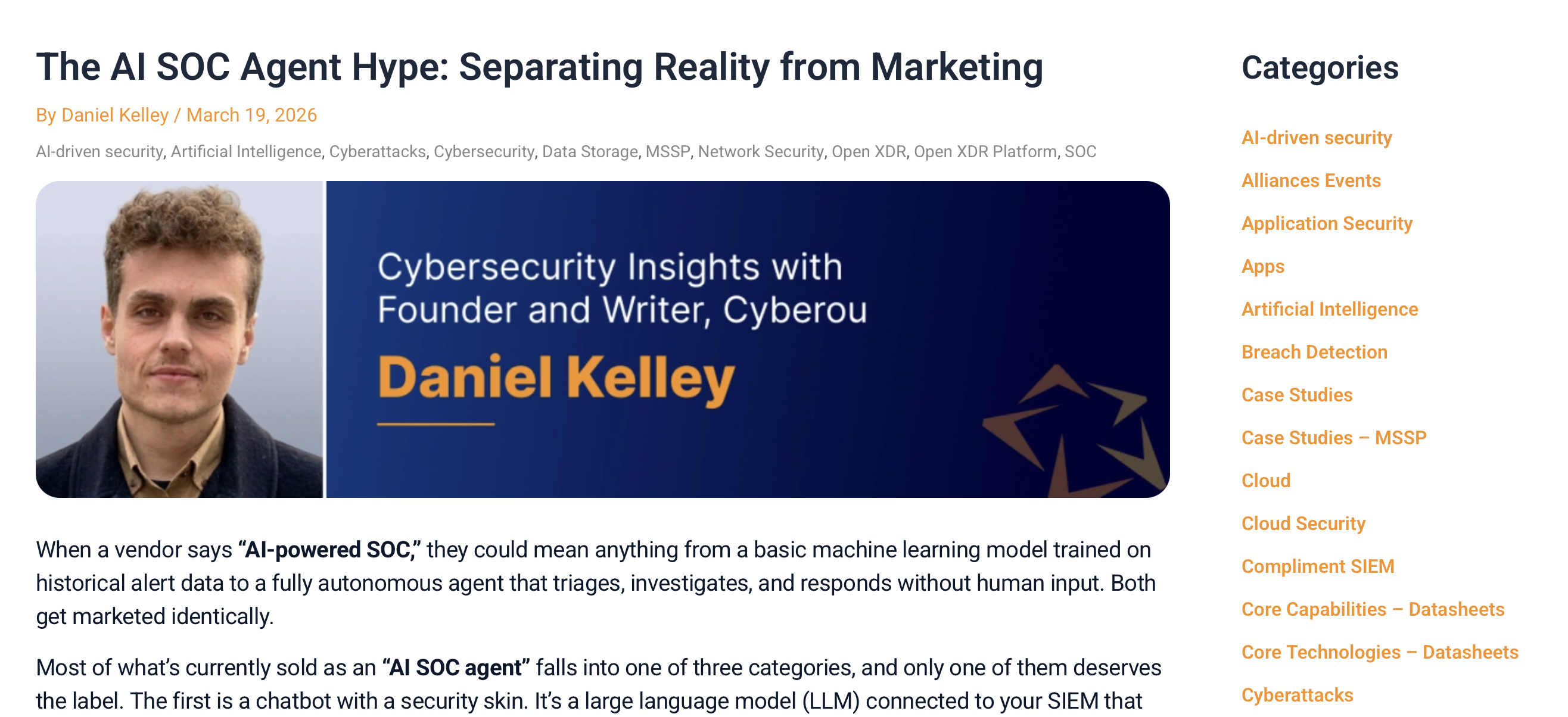 The AI SOC Agent Hype article on stellarcyber.ai with Cyberou attribution banner