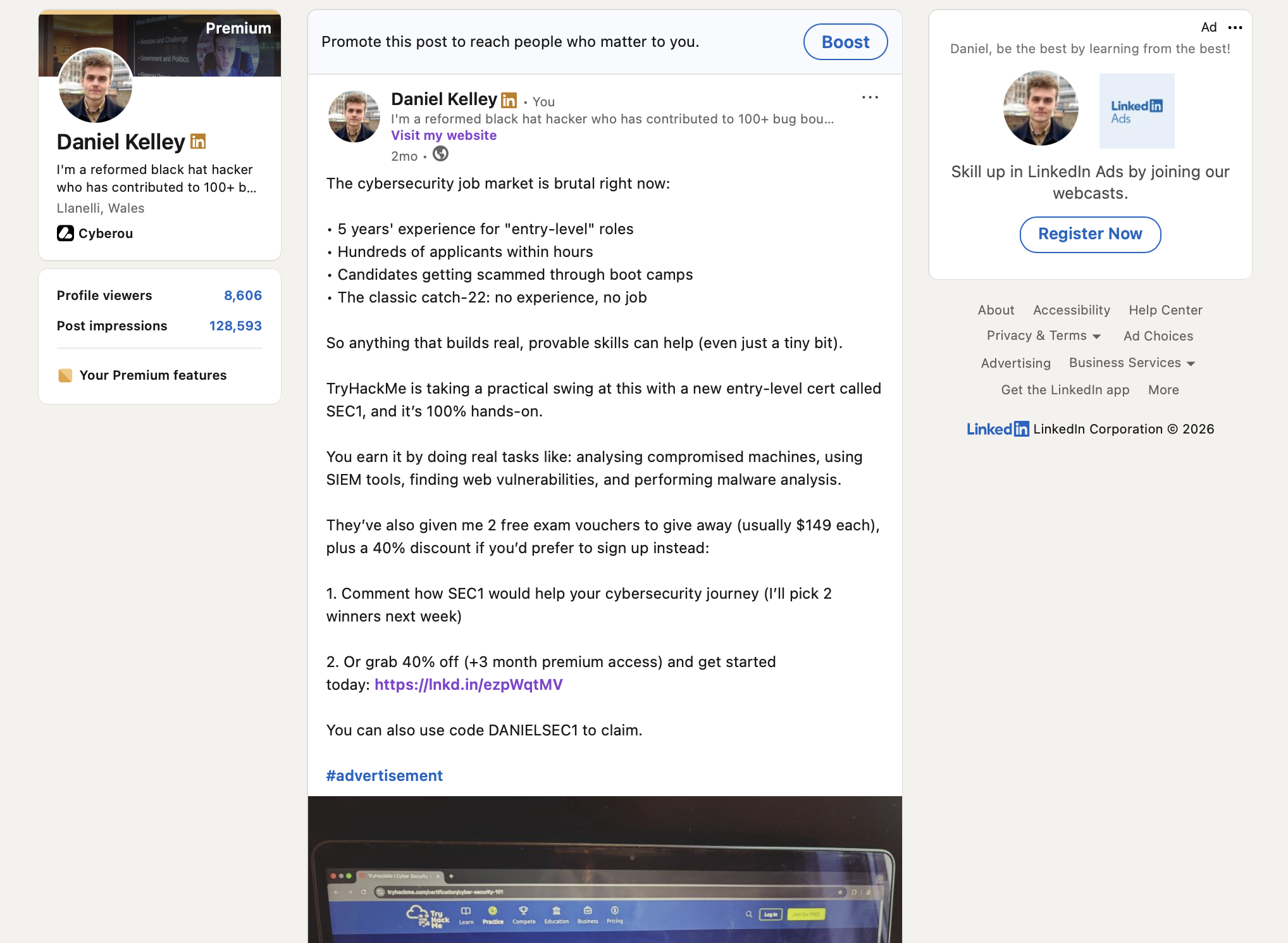 TryHackMe SEC1 sponsored LinkedIn post covering the cybersecurity job market and the new entry-level hands-on cert