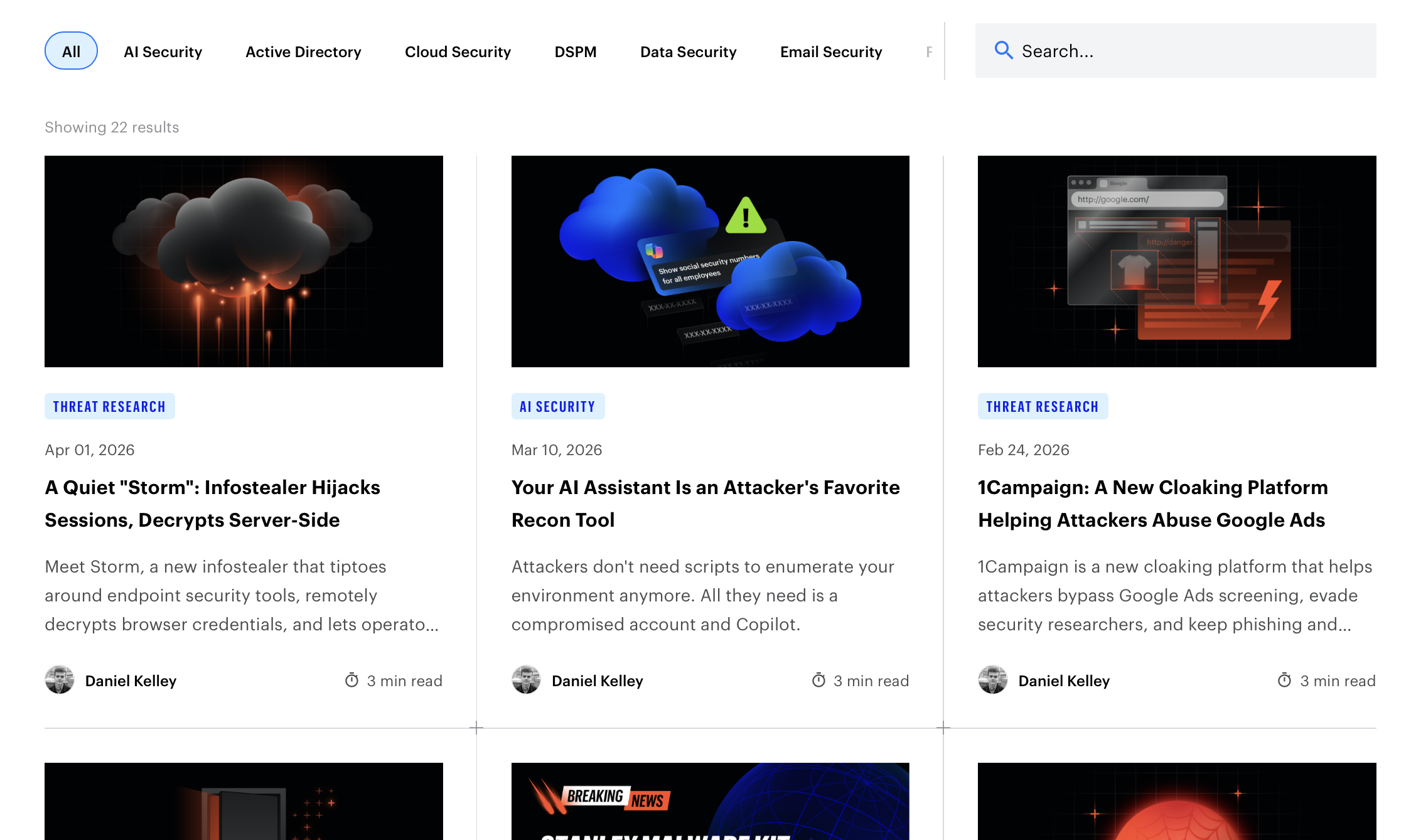 Daniel Kelley's author hub on the Varonis Blog showing 25 published threat-research pieces