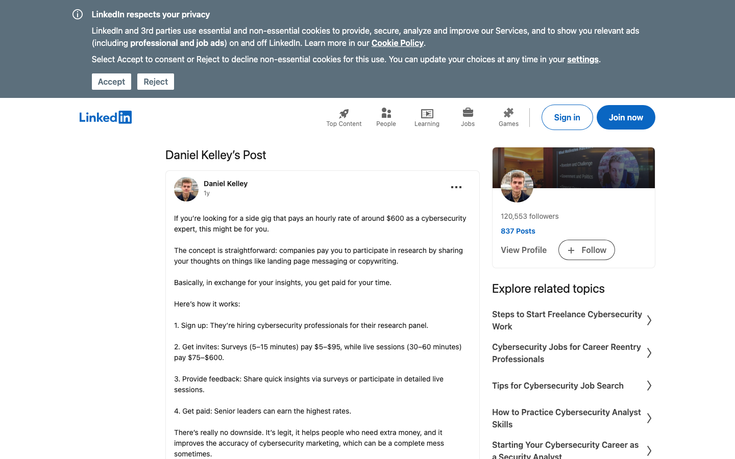 Wynter sponsored LinkedIn post recruiting cybersecurity leaders to the B2B panel