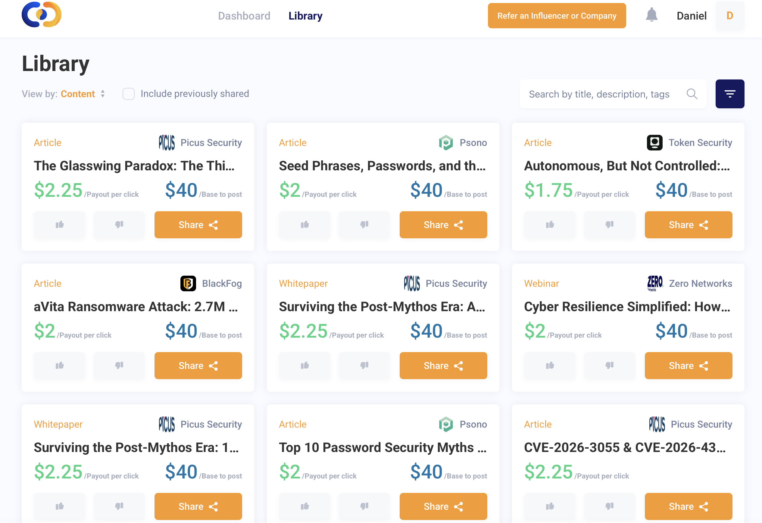 Cyfluencer content library showing vendor posts from Picus Security and others